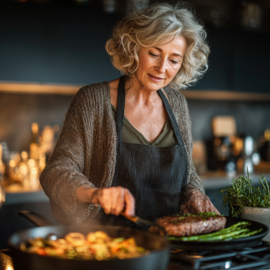 Persoane în vârstă gătind împreună într-o bucătărie luminoasă